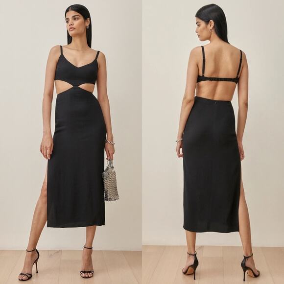 Reformation Alsie Cutout Side Slit Midi Dress in Black Size 0 - Picture 1 of 8